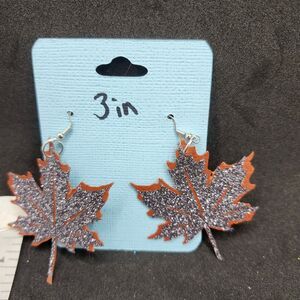 Hand Crafted Dangle Earring Faux Leather Glittery Maple Leaf